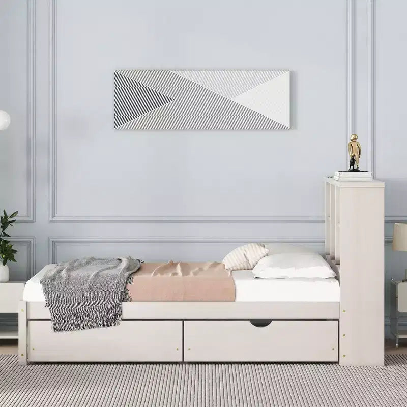 Cadre de lit moderne double Okak avec tête de lit de rangement en bois et LED/USB intégrés, lit plateforme bibliothèque pour chambre d'enfant/d'adulte.