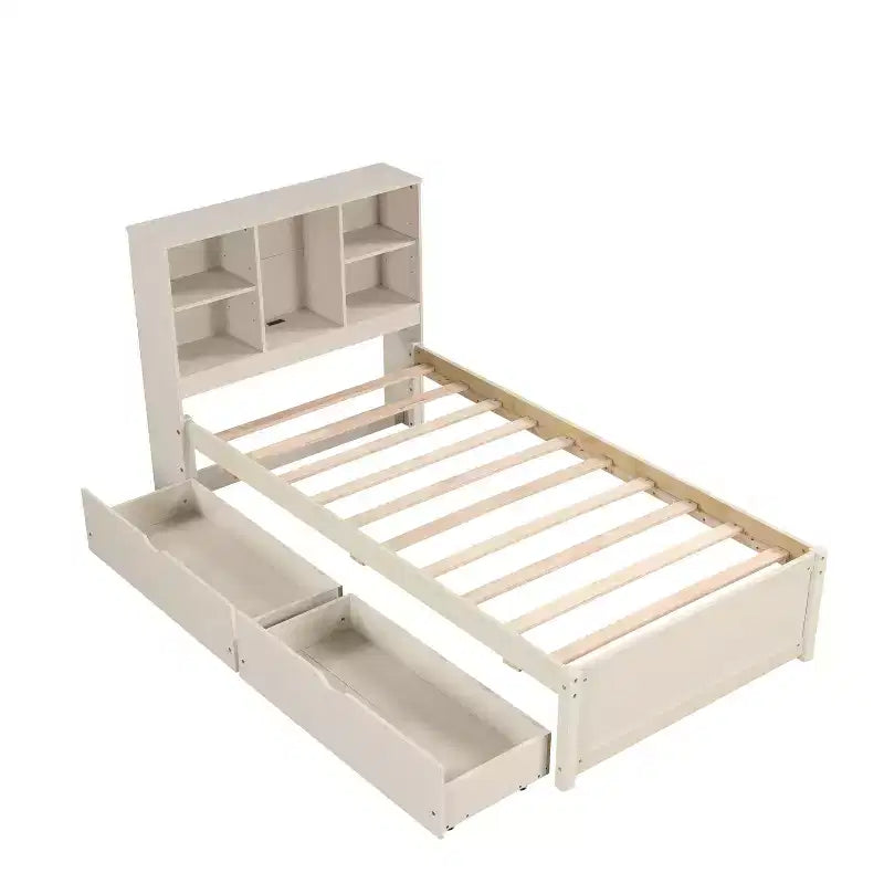 Cadre de lit moderne double Okak avec tête de lit de rangement en bois et LED/USB intégrés, lit plateforme bibliothèque pour chambre d'enfant/d'adulte.