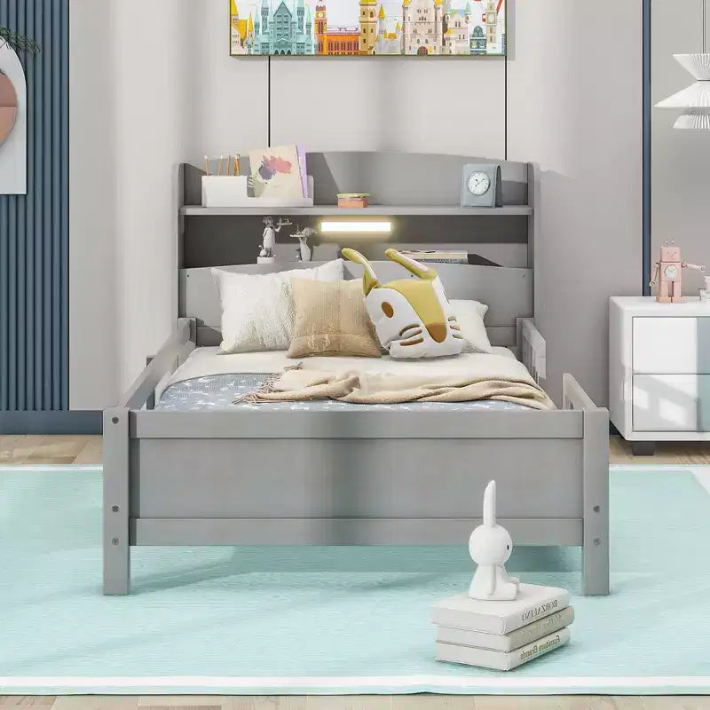 Cadre de lit moderne double Okak avec tête de lit de rangement en bois et LED/USB intégrés, lit plateforme bibliothèque pour chambre d'enfant/d'adulte.
