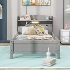 Cadre de lit moderne double Okak avec tête de lit de rangement en bois et LED/USB intégrés, lit plateforme bibliothèque pour chambre d'enfant/d'adulte.
