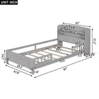 Cadre de lit moderne double Okak avec tête de lit de rangement en bois et LED/USB intégrés, lit plateforme bibliothèque pour chambre d'enfant/d'adulte.