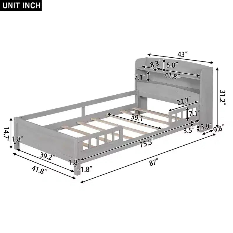 Cadre de lit moderne double Okak avec tête de lit de rangement en bois et LED/USB intégrés, lit plateforme bibliothèque pour chambre d'enfant/d'adulte.
