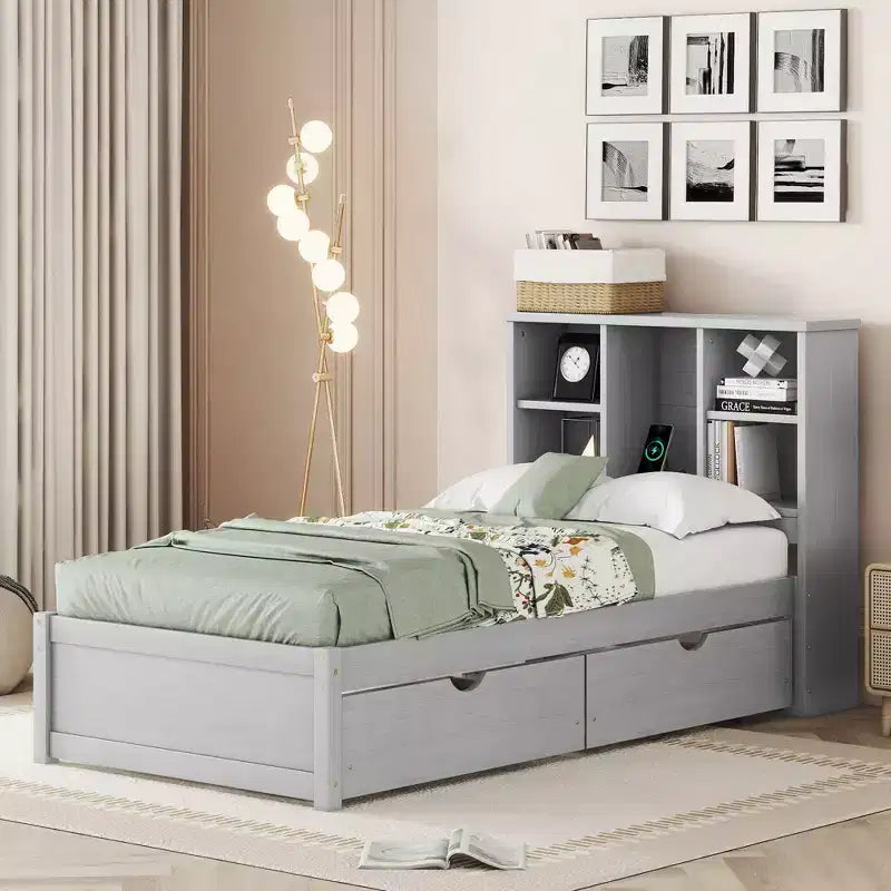 Cadre de lit moderne double Okak avec tête de lit de rangement en bois et LED/USB intégrés, lit plateforme bibliothèque pour chambre d'enfant/d'adulte.