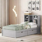 Cadre de lit moderne double Okak avec tête de lit de rangement en bois et LED/USB intégrés, lit plateforme bibliothèque pour chambre d'enfant/d'adulte.