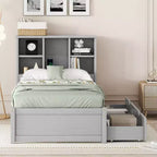 Cadre de lit moderne double Okak avec tête de lit de rangement en bois et LED/USB intégrés, lit plateforme bibliothèque pour chambre d'enfant/d'adulte.