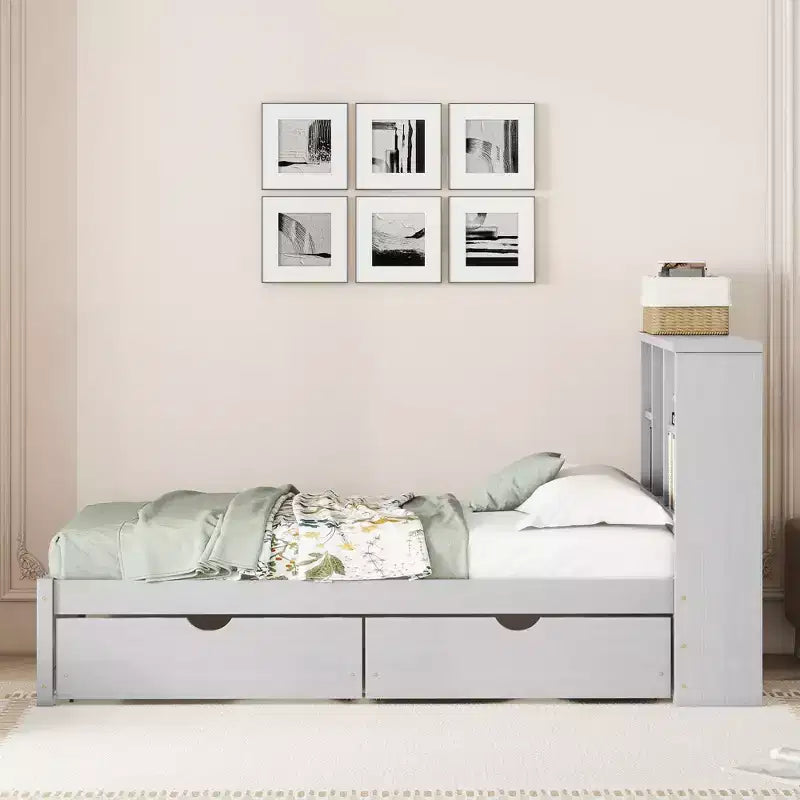 Cadre de lit moderne double Okak avec tête de lit de rangement en bois et LED/USB intégrés, lit plateforme bibliothèque pour chambre d'enfant/d'adulte.