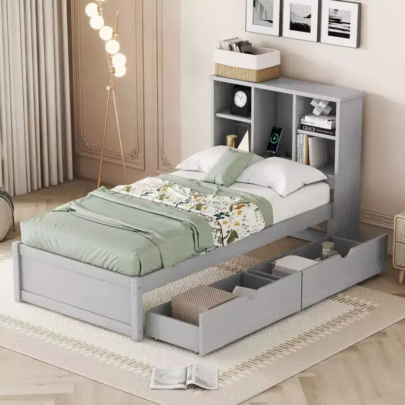 Cadre de lit moderne double Okak avec tête de lit de rangement en bois et LED/USB intégrés, lit plateforme bibliothèque pour chambre d'enfant/d'adulte.