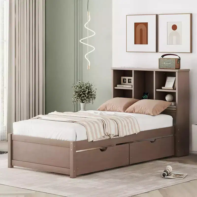 Cadre de lit moderne double Okak avec tête de lit de rangement en bois et LED/USB intégrés, lit plateforme bibliothèque pour chambre d'enfant/d'adulte.