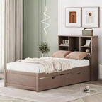 Cadre de lit moderne double Okak avec tête de lit de rangement en bois et LED/USB intégrés, lit plateforme bibliothèque pour chambre d'enfant/d'adulte.