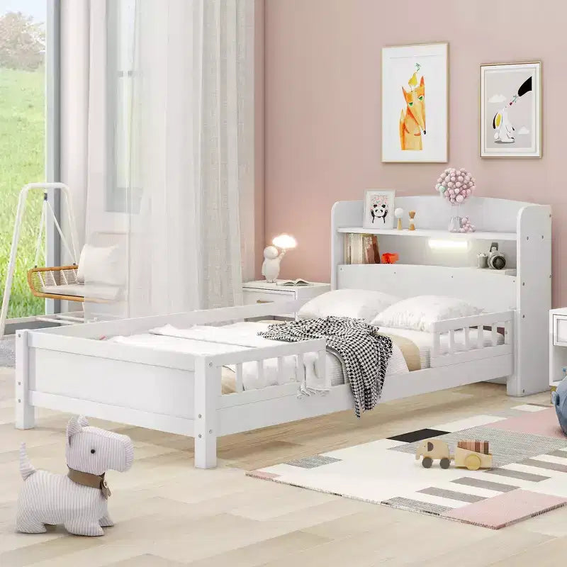 Cadre de lit moderne double Okak avec tête de lit de rangement en bois et LED/USB intégrés, lit plateforme bibliothèque pour chambre d'enfant/d'adulte.