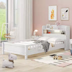Cadre de lit moderne double Okak avec tête de lit de rangement en bois et LED/USB intégrés, lit plateforme bibliothèque pour chambre d'enfant/d'adulte.