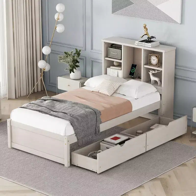 Cadre de lit moderne double Okak avec tête de lit de rangement en bois et LED/USB intégrés, lit plateforme bibliothèque pour chambre d'enfant/d'adulte.
