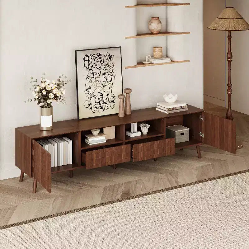 Meuble TV moderne de 198 cm pour téléviseurs jusqu'à 85 pouces, meuble de salon avec pieds en bois massif et tiroirs