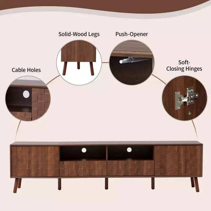 Meuble TV moderne de 198 cm pour téléviseurs jusqu'à 85 pouces, meuble de salon avec pieds en bois massif et tiroirs
