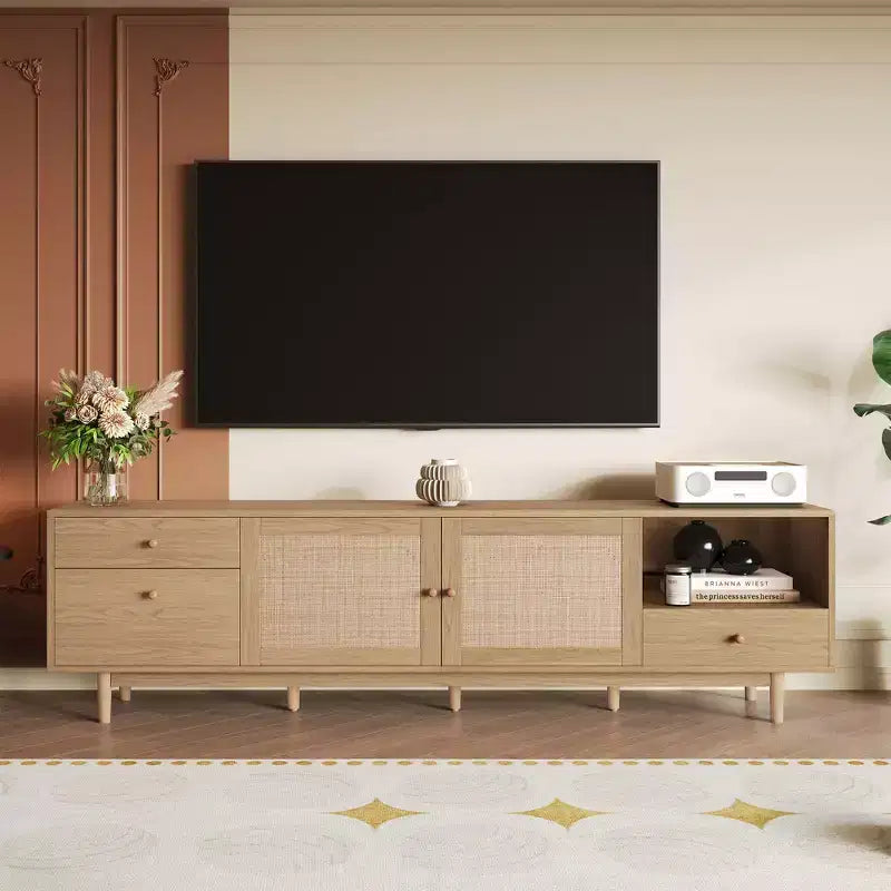 76.6 Inch Rattan TV Stand for 65/75/85 Inches TVs Natural TV Console with Open Storage and Drawers for Living room