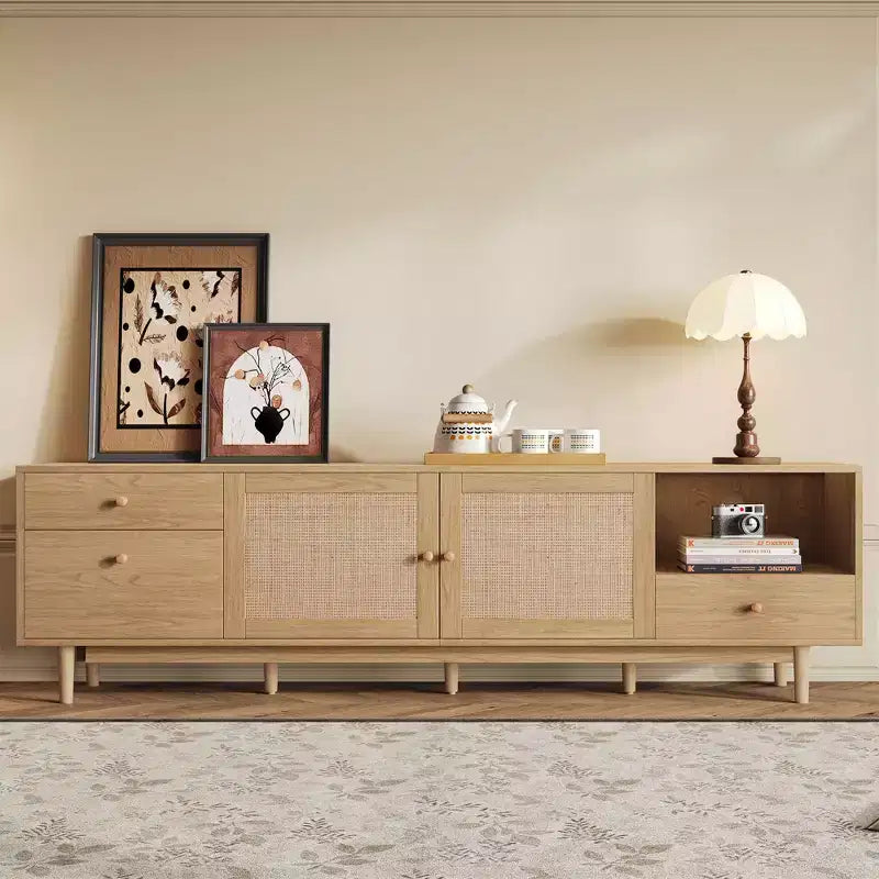 Meuble TV en rotin de 76,6 pouces pour téléviseurs de 65/75/85 pouces, console TV naturelle avec rangement ouvert et tiroirs pour salon