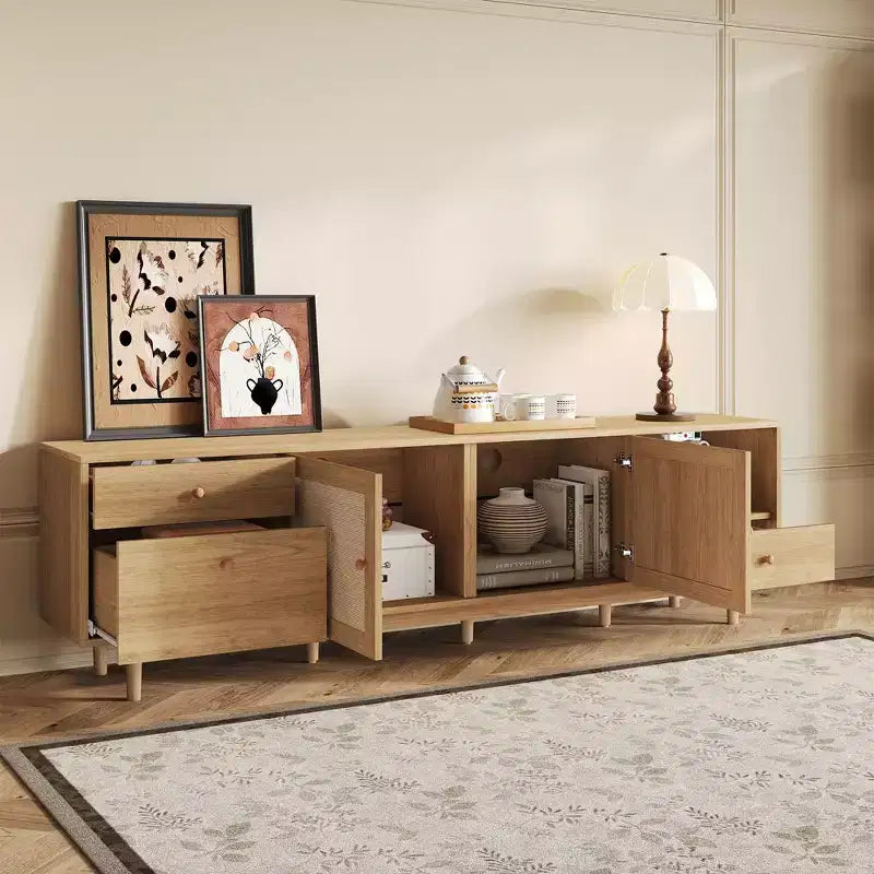 Meuble TV en rotin de 76,6 pouces pour téléviseurs de 65/75/85 pouces, console TV naturelle avec rangement ouvert et tiroirs pour salon