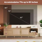 Meuble TV en rotin de 76,6 pouces pour téléviseurs de 65/75/85 pouces, console TV naturelle avec rangement ouvert et tiroirs pour salon