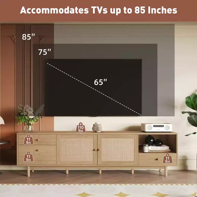 Meuble TV en rotin de 76,6 pouces pour téléviseurs de 65/75/85 pouces, console TV naturelle avec rangement ouvert et tiroirs pour salon
