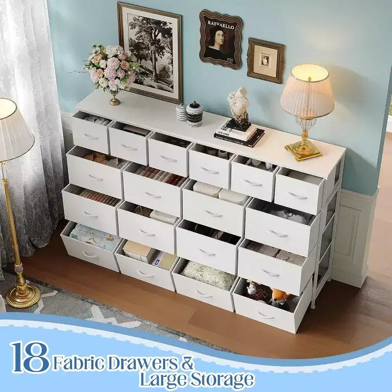 Commode Acekool à 18 tiroirs avec station de charge, commode de rangement extra large en tissu, meuble TV pour chambre, salon, entrée