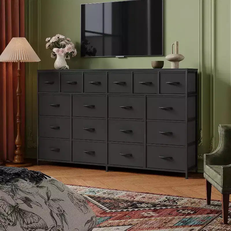 Commode Acekool à 18 tiroirs avec station de charge, commode de rangement extra large en tissu, meuble TV pour chambre, salon, entrée