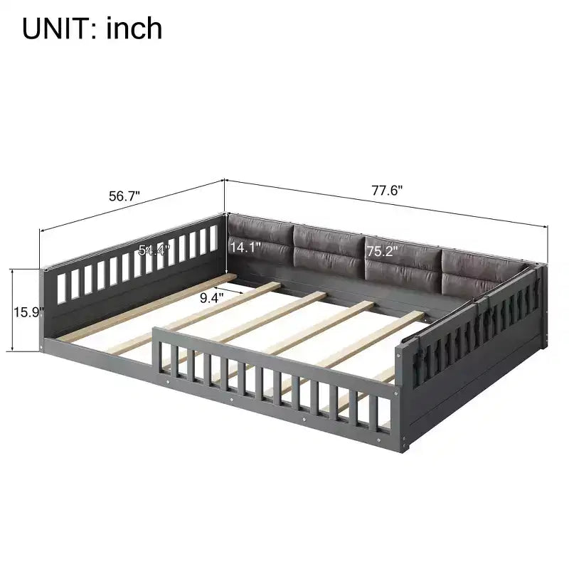 Lit plateforme rembourré pleine grandeur TUYOHW avec barrières de sécurité, lit au sol à lattes en bois de pin robuste, lit bas à usage intensif, capacité de 600 lb