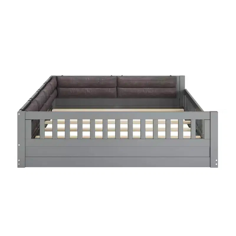 Lit plateforme rembourré pleine grandeur TUYOHW avec barrières de sécurité, lit au sol à lattes en bois de pin robuste, lit bas à usage intensif, capacité de 600 lb