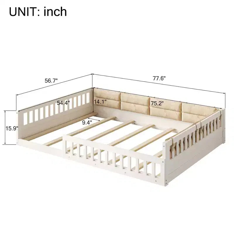 Lit plateforme rembourré pleine grandeur TUYOHW avec barrières de sécurité, lit au sol à lattes en bois de pin robuste, lit bas à usage intensif, capacité de 600 lb