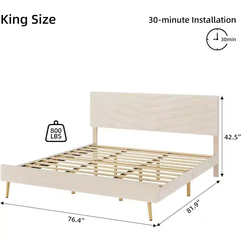 Lit plateforme beige King Size avec tête de lit réglable, cadre de lit en tissu peluche, aucun sommier tapissier requis, conception silencieuse, assemblage facile