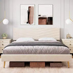 Lit plateforme beige King Size avec tête de lit réglable, cadre de lit en tissu peluche, aucun sommier tapissier requis, conception silencieuse, assemblage facile