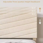 Lit plateforme beige King Size avec tête de lit réglable, cadre de lit en tissu peluche, aucun sommier tapissier requis, conception silencieuse, assemblage facile