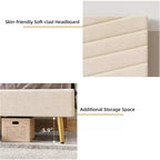 Lit plateforme beige King Size avec tête de lit réglable, cadre de lit en tissu peluche, aucun sommier tapissier requis, conception silencieuse, assemblage facile