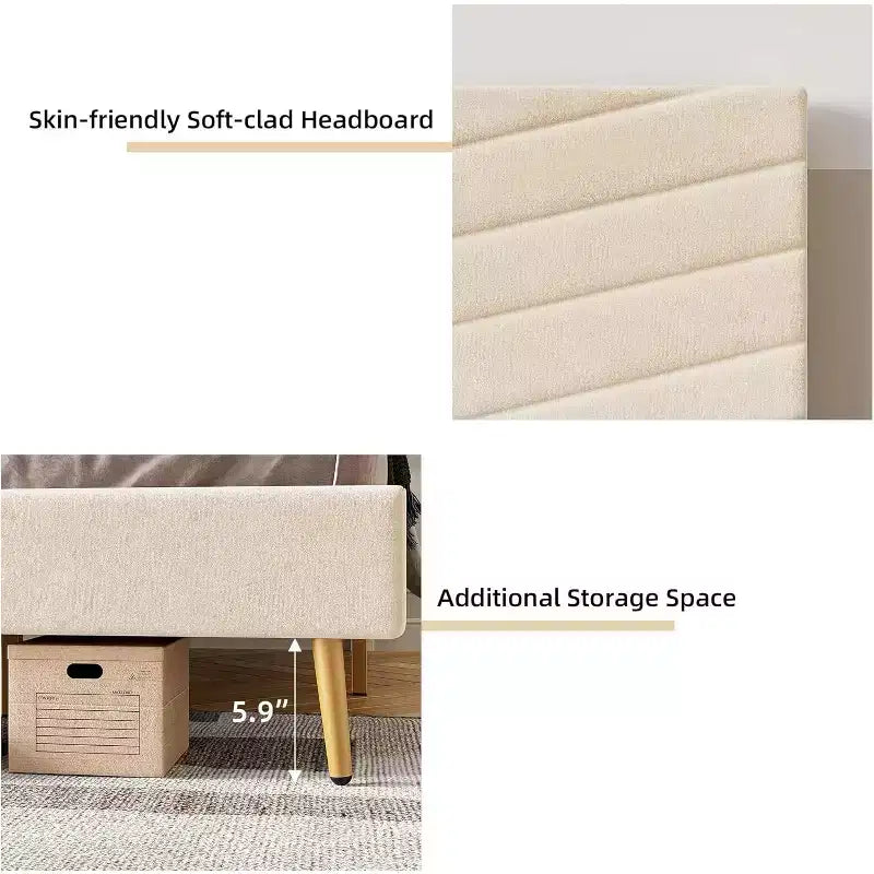 Lit plateforme beige King Size avec tête de lit réglable, cadre de lit en tissu peluche, aucun sommier tapissier requis, conception silencieuse, assemblage facile