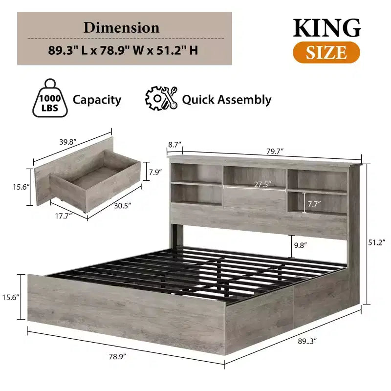 Lit de rangement King Size 1000LBS avec tête de lit bibliothèque et 4 tiroirs anti-poussière, cadre en acier, glissière à 6 roulettes, montage rapide, 89.378.951.2, gris