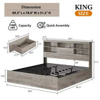 Lit de rangement King Size 1000LBS avec tête de lit bibliothèque et 4 tiroirs anti-poussière, cadre en acier, glissière à 6 roulettes, montage rapide, 89.378.951.2, gris