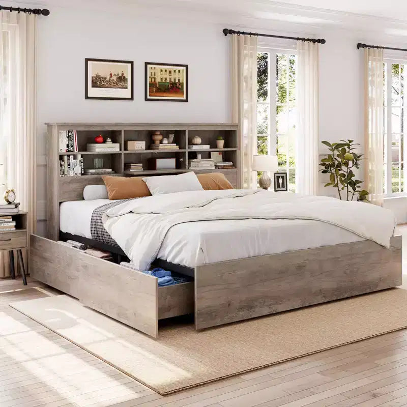 Lit de rangement King Size 1000LBS avec tête de lit bibliothèque et 4 tiroirs anti-poussière, cadre en acier, glissière à 6 roulettes, montage rapide, 89.378.951.2, gris