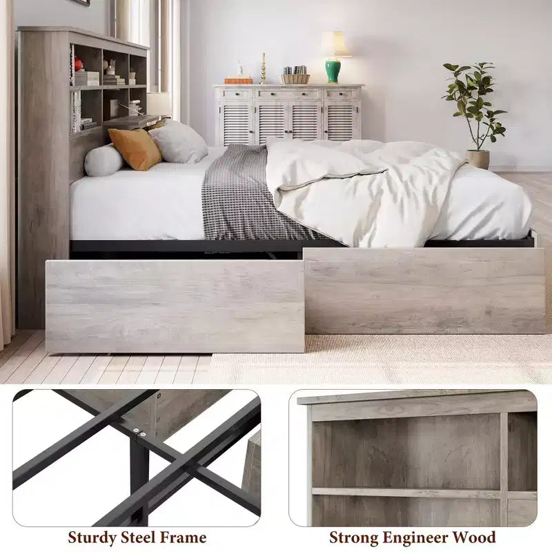 Lit de rangement King Size 1000LBS avec tête de lit bibliothèque et 4 tiroirs anti-poussière, cadre en acier, glissière à 6 roulettes, montage rapide, 89.378.951.2, gris