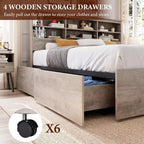 Lit de rangement King Size 1000LBS avec tête de lit bibliothèque et 4 tiroirs anti-poussière, cadre en acier, glissière à 6 roulettes, montage rapide, 89.378.951.2, gris
