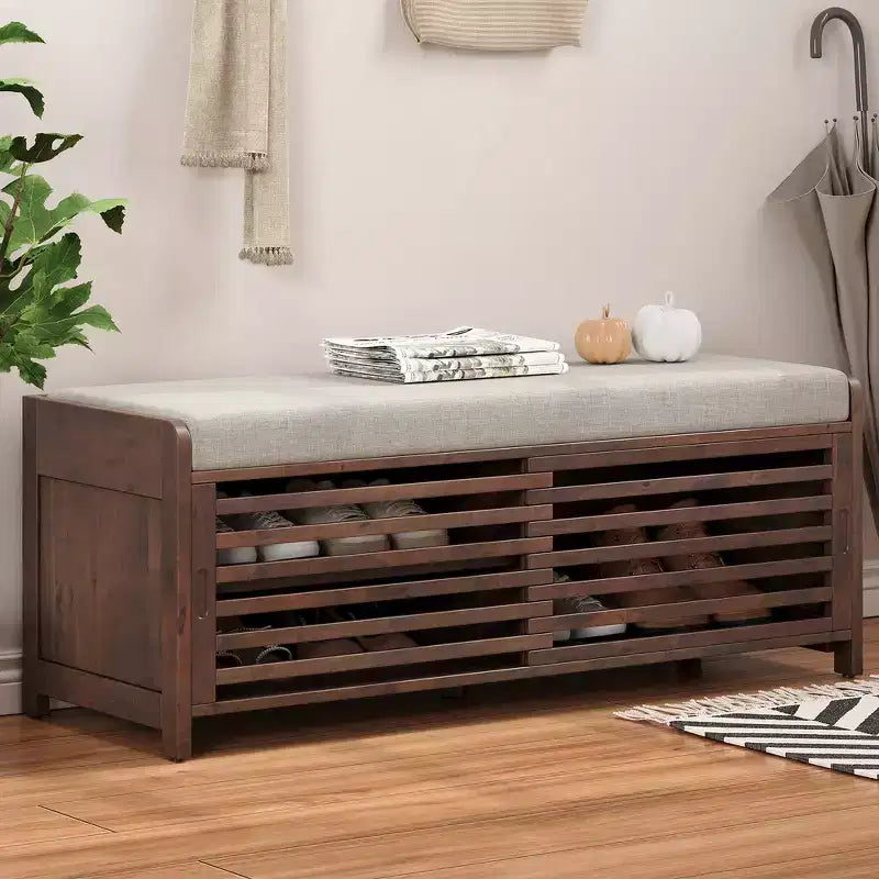 Banc à chaussures Whisen avec rangement et coussin, banc de rangement à volets vieillis
