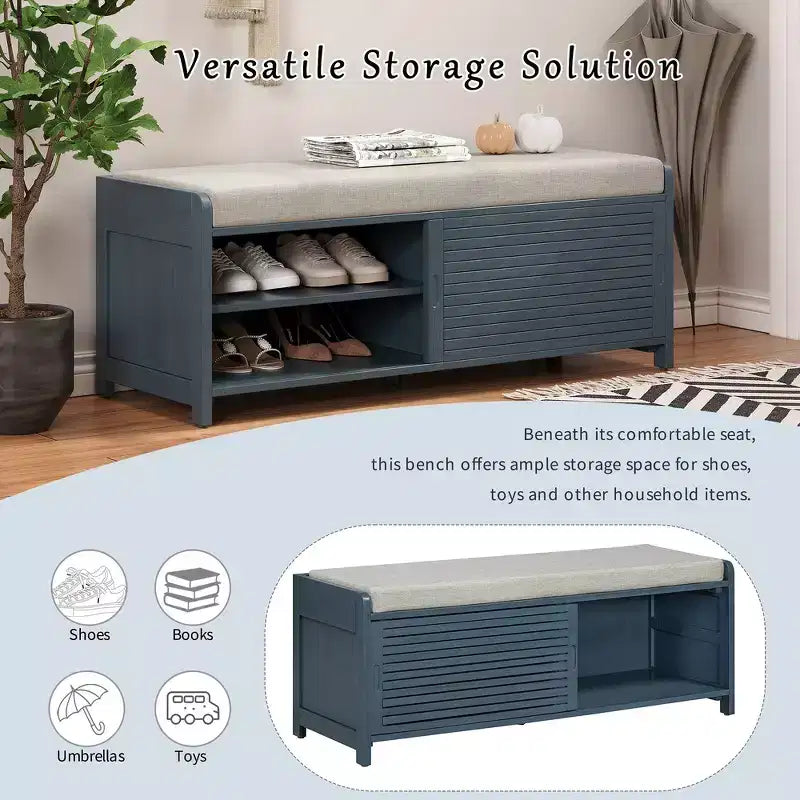 Banc à chaussures Whisen avec rangement et coussin, banc de rangement à volets vieillis