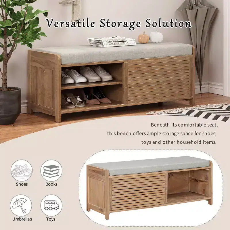 Banc à chaussures Whisen avec rangement et coussin, banc de rangement à volets vieillis