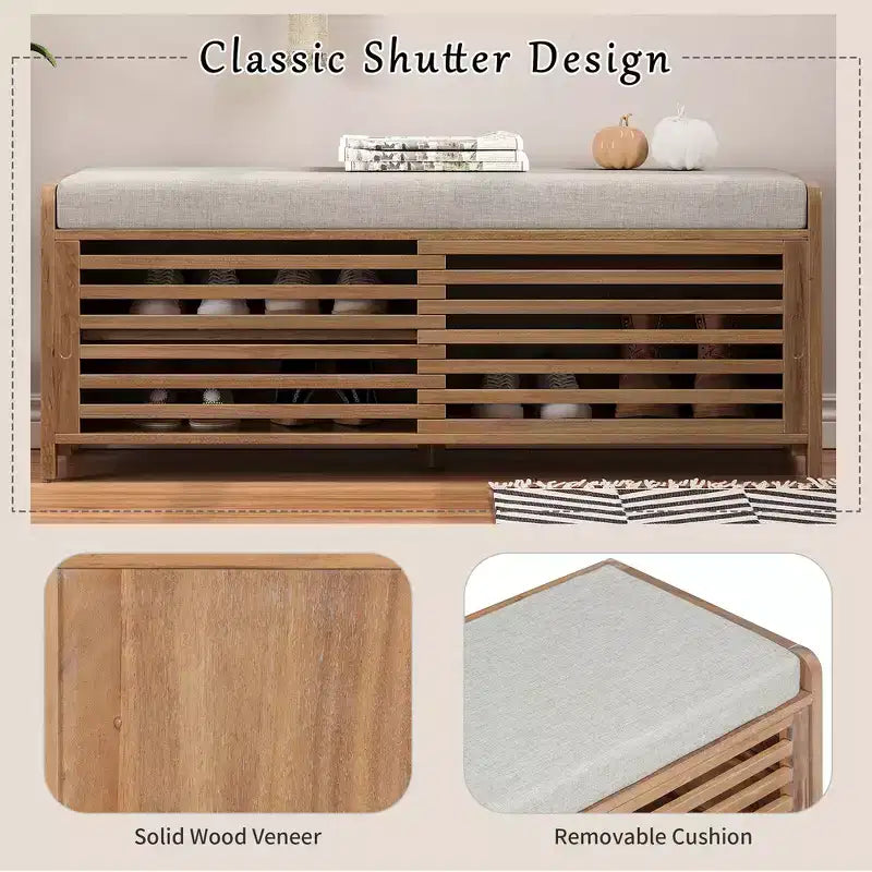 Banc à chaussures Whisen avec rangement et coussin, banc de rangement à volets vieillis