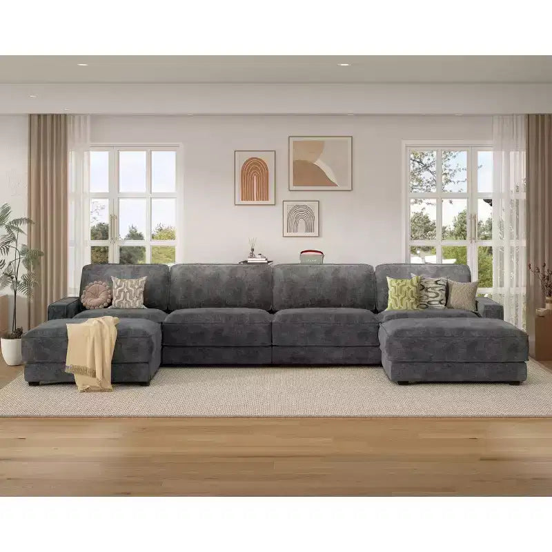 Canapé modulaire surdimensionné Dyonery 160, canapé douillet en forme de U à 6 places avec 2 oreillers et 2 poufs mobiles, chenille