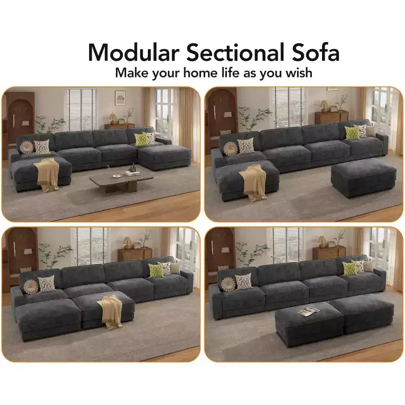 Canapé modulaire surdimensionné Dyonery 160, canapé douillet en forme de U à 6 places avec 2 oreillers et 2 poufs mobiles, chenille