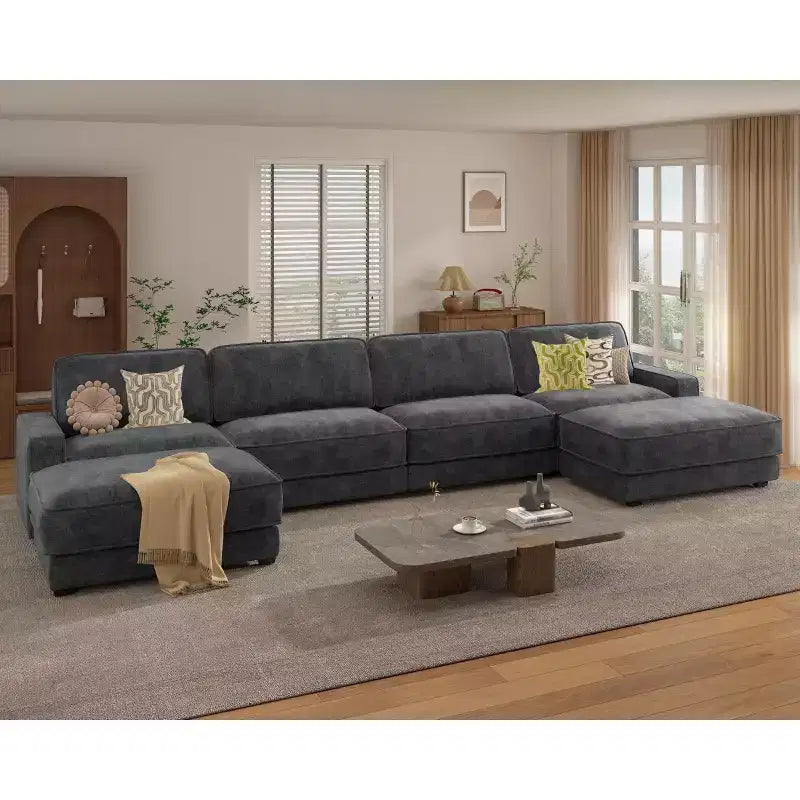 Canapé modulaire surdimensionné Dyonery 160, canapé douillet en forme de U à 6 places avec 2 oreillers et 2 poufs mobiles, chenille