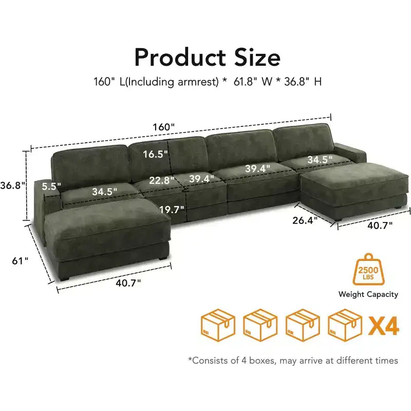 Canapé modulaire surdimensionné Dyonery 160, canapé douillet en forme de U à 6 places avec 2 oreillers et 2 poufs mobiles, chenille