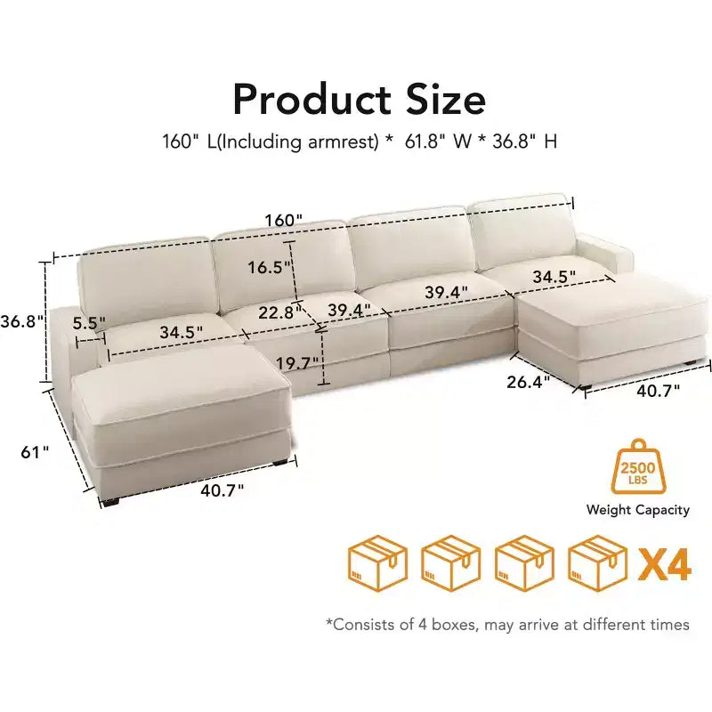 Canapé modulaire surdimensionné Dyonery 160, canapé douillet en forme de U à 6 places avec 2 oreillers et 2 poufs mobiles, chenille