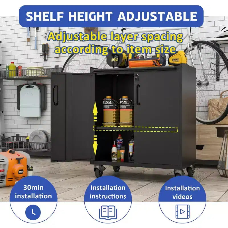 Armoire de rangement en acier roulante VIYET 31 - Armoire métallique robuste verrouillable avec étagère réglable et roulettes silencieuses pour garage et bureau à domicile