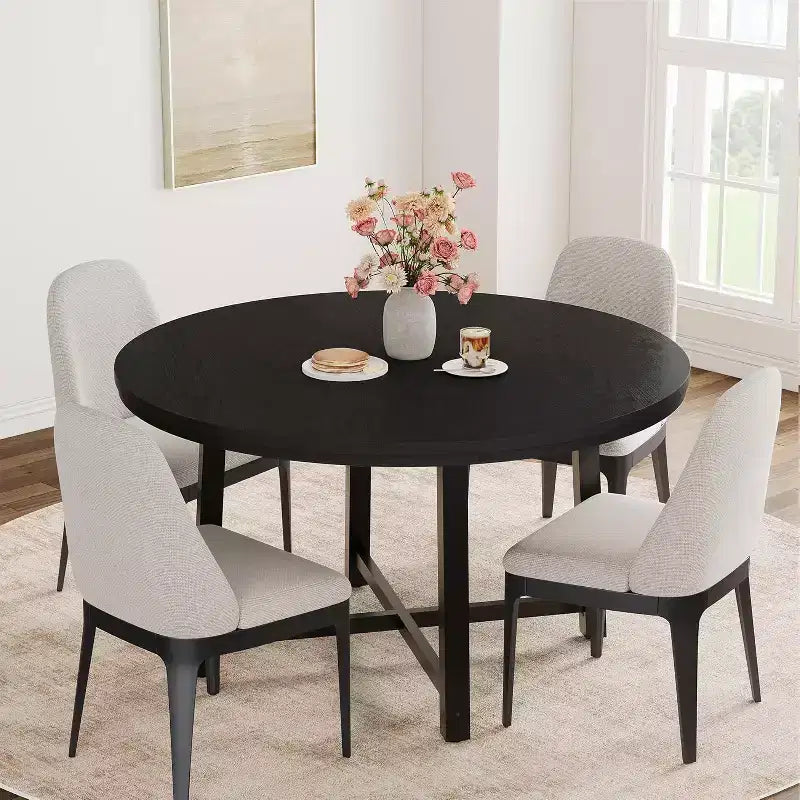 Table à manger ronde pour 4 personnes - Table à dîner circulaire de 47" en bois avec cadre métallique, Meuble de cuisine et de salle à manger de style rustique pour la maison