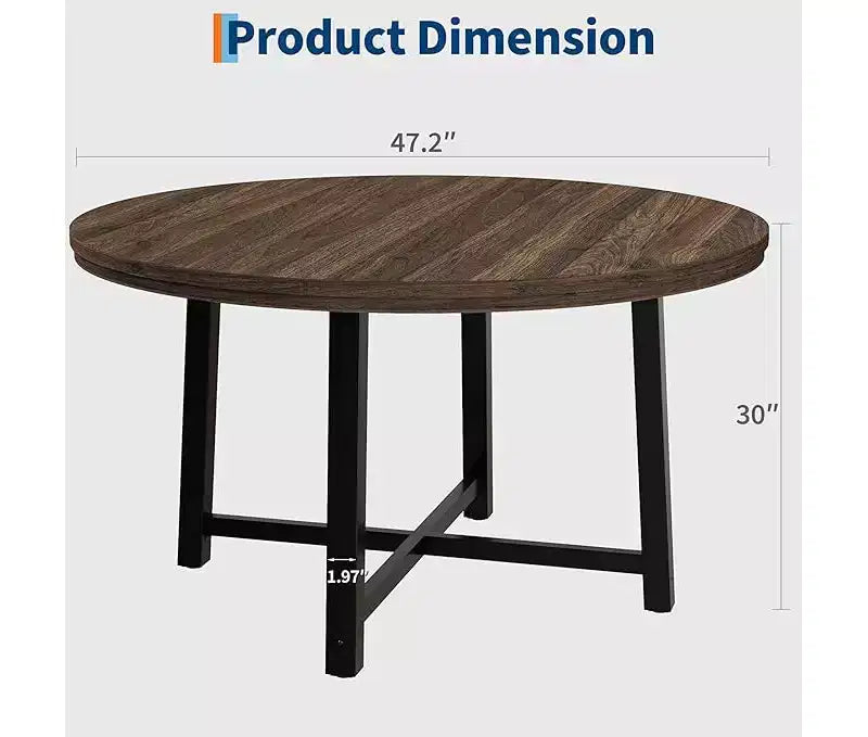Table à manger ronde pour 4 personnes - Table à dîner circulaire de 47" en bois avec cadre métallique, Meuble de cuisine et de salle à manger de style rustique pour la maison